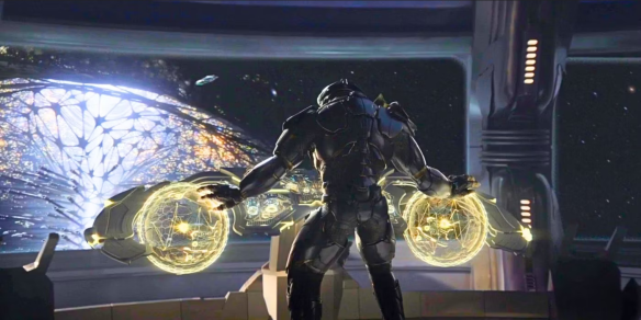 A Sangheili elite pilots a Covenant ship in Halo season two.
