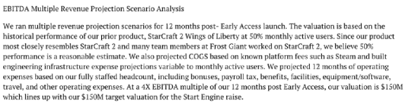 A screenshot of a Frost Giant Studios equity crowdfunding document, in which they falsely claim to have been the team to launch StarCraft 2: Wings of Liberty.